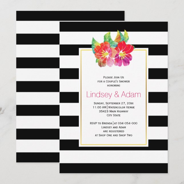 Watercolor flowers, stripes wedding couples shower invitation (Front/Back)