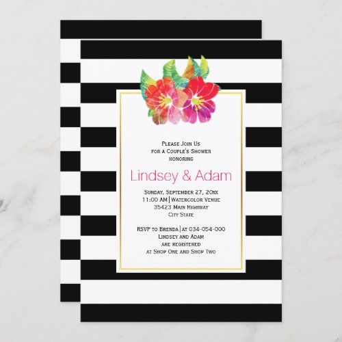 Watercolor flowers stripes wedding couples shower invitation