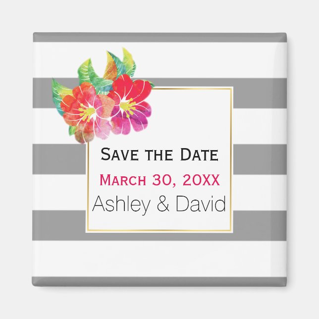 Watercolor flowers, stripes wedding Save the Date Magnet (Front)