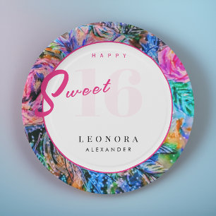 Watercolor Flowers Sweet Sixteen 16 Pink Paper Plates