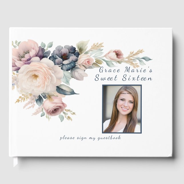 Watercolor Flowers Sweet Sixteen / Bat Mitzvah Guest Book (Front)