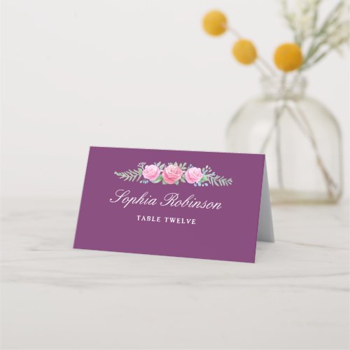 Watercolor Flowers Table Name Number Dark Magenta Place Card