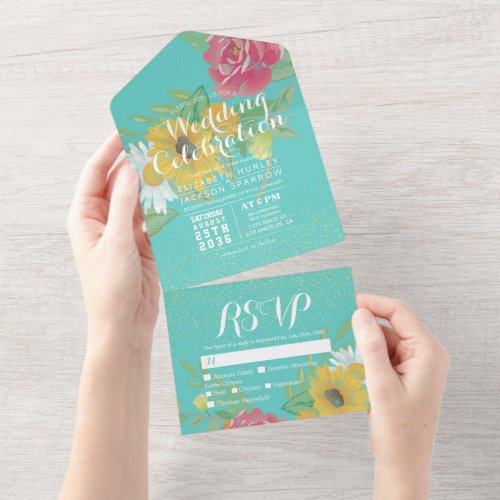 Watercolor Flowers Teal Gold Glitter Wedding RSVP All In One Invitation