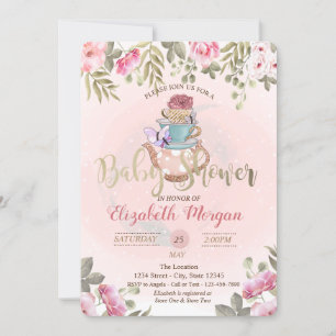 Watercolor Flowers Teapot Baby Shower Invitation