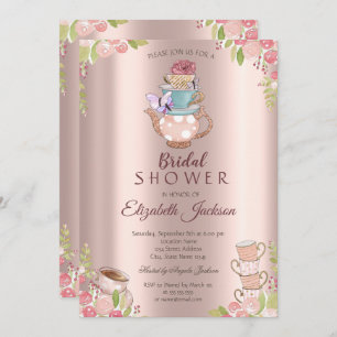Watercolor Flowers Teapot Rose Gold Bridal Shower Invitation