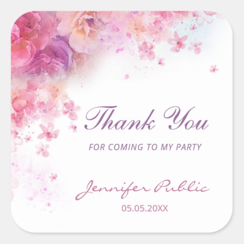 Watercolor Flowers Thank You Hand Script Template Square Sticker