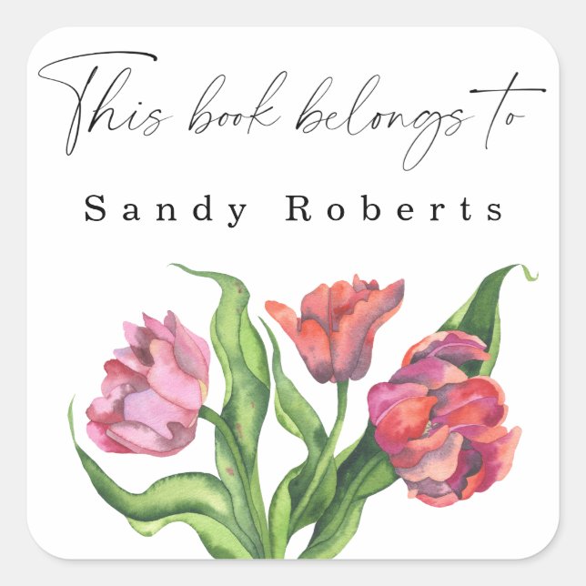 Watercolor flowers - This book belongs to Square Sticker (Front)