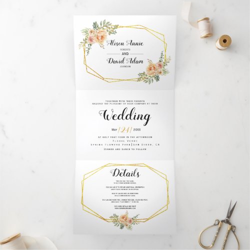 Watercolor flowers typography floral wedding Tri_Fold invitation