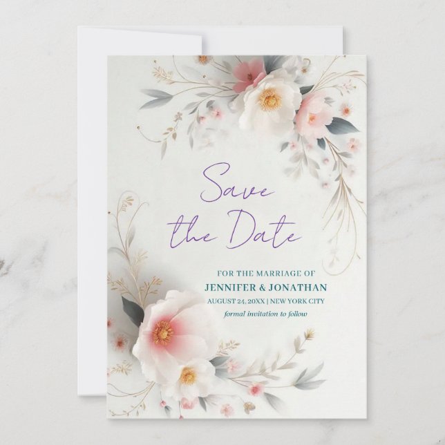 Watercolor Flowers Typography Script Save The Date (Front)