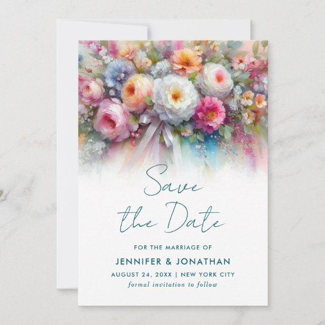 Watercolor Flowers Typography Script Save The Date (Front)