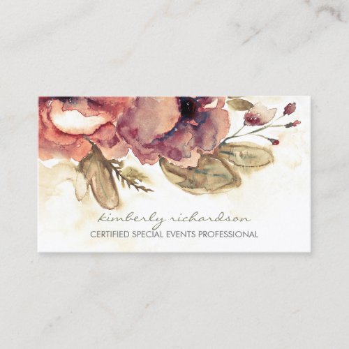 Watercolor Flowers Vintage Maroon Elegant Business Card