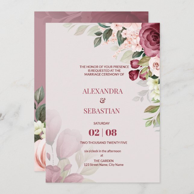 Watercolor Flowers Wedding Invitation (Front/Back)