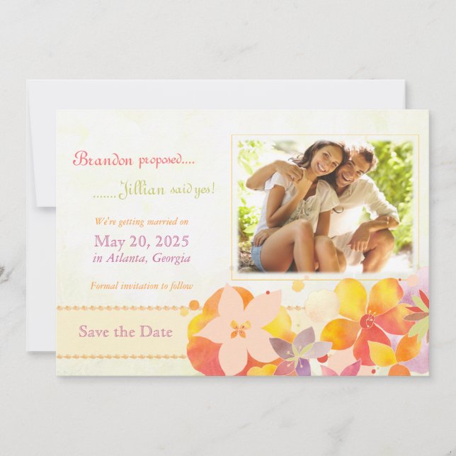 Watercolor Flowers Wedding Photo Save the Date (Front)