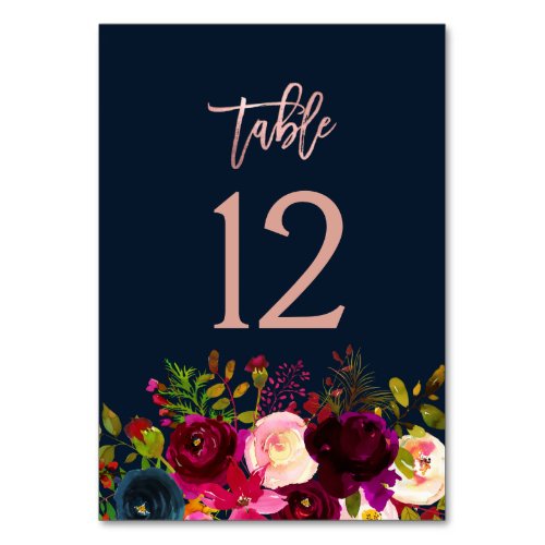 Watercolor Flowers Wedding Rose Gold Table Number