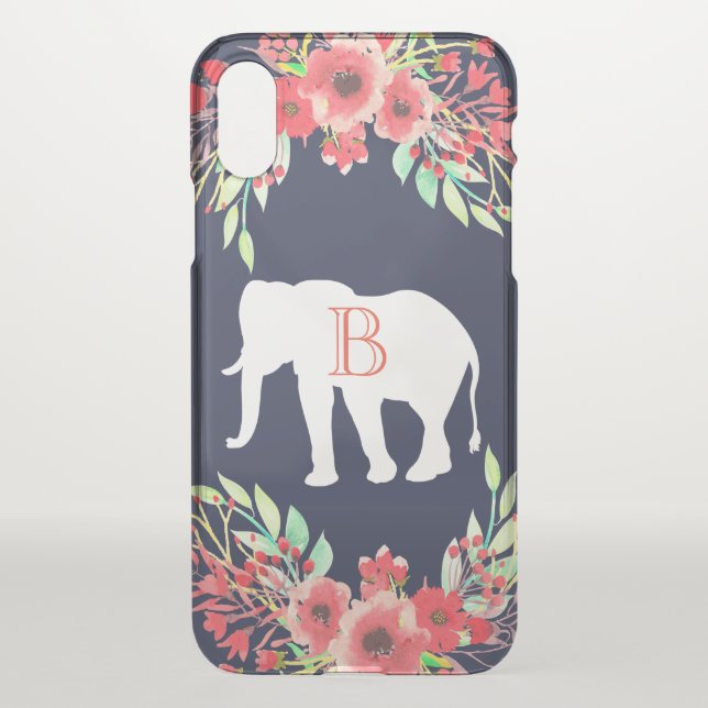 Watercolor Flowers & White Elephant | Monogram Uncommon iPhone Case (Back)