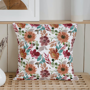 Watercolor Flowers White Throw Pillow