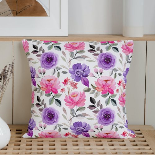Watercolor Flowers White Throw Pillow