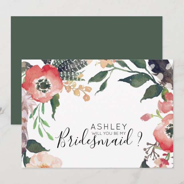 Watercolor Flowers Will You Be My Bridesmaid Name Invitation (Front/Back)