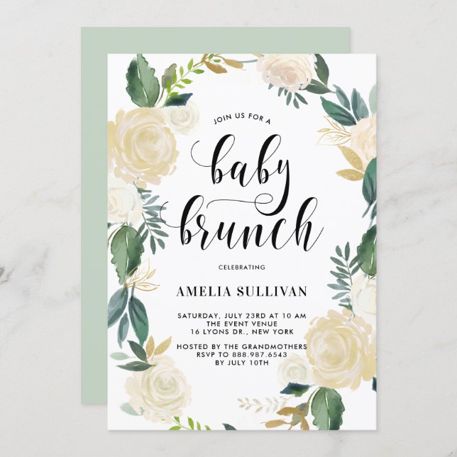 Watercolor Flowers with Glitter Baby Shower Brunch Invitation (Front/Back)