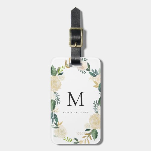 Watercolor Flowers with Gold Foil Glitter Monogram Luggage Tag