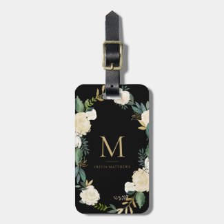Watercolor Flowers with Gold Foil Monogram Black Bag Tag