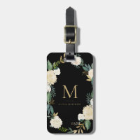 Watercolor Flowers with Gold Foil Monogram Black