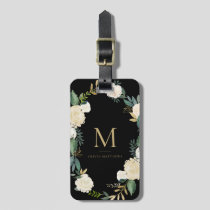 Watercolor Flowers with Gold Foil Monogram Black Luggage Tag