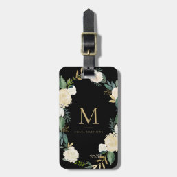 Watercolor Flowers with Gold Foil Monogram Black Luggage Tag