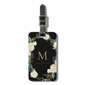 Watercolor Flowers with Gold Foil Monogram Black Luggage Tag