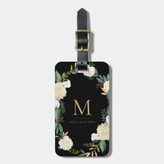 Watercolor Flowers with Gold Foil Monogram Black Luggage Tag