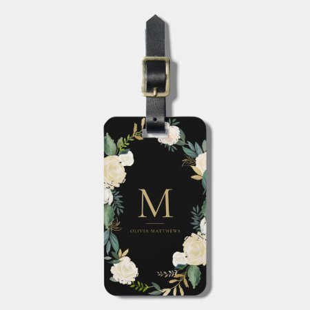 Watercolor Flowers With Gold Foil Monogram Black Luggage Tag