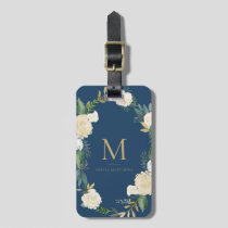 Watercolor Flowers with Gold Foil Monogram Blue Luggage Tag