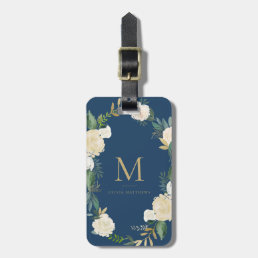 Watercolor Flowers with Gold Foil Monogram Blue Luggage Tag