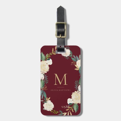 Watercolor Flowers with Gold Foil Monogram Red Luggage Tag