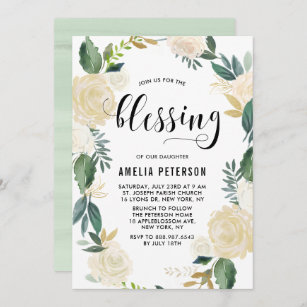 Watercolor Flowers with Gold Glitter Baby Blessing Invitation