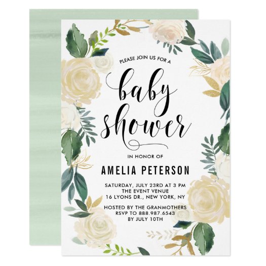Watercolor Flowers with Gold Glitter Baby Showers Card