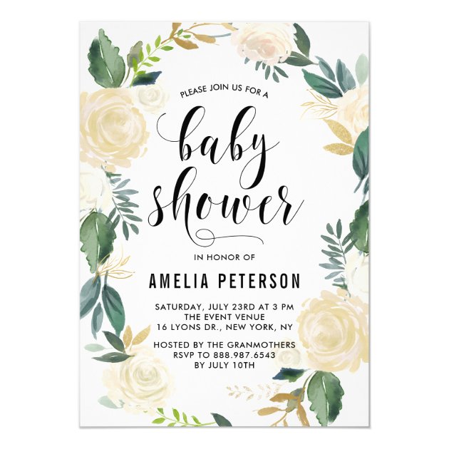 Watercolor Flowers With Gold Glitter Baby Showers Invitation