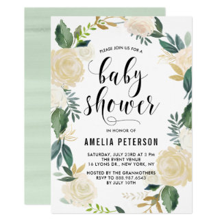 Watercolor Flowers with Gold Glitter Baby Showers Invitation