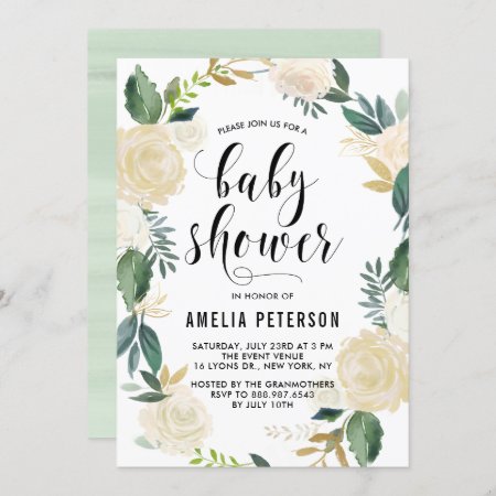 Watercolor Flowers With Gold Glitter Baby Showers Invitation
