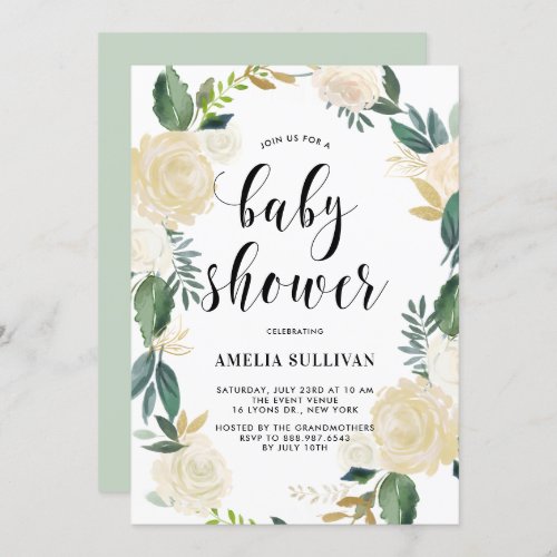 Watercolor Flowers with Gold Glitter Baby Showers Invitation