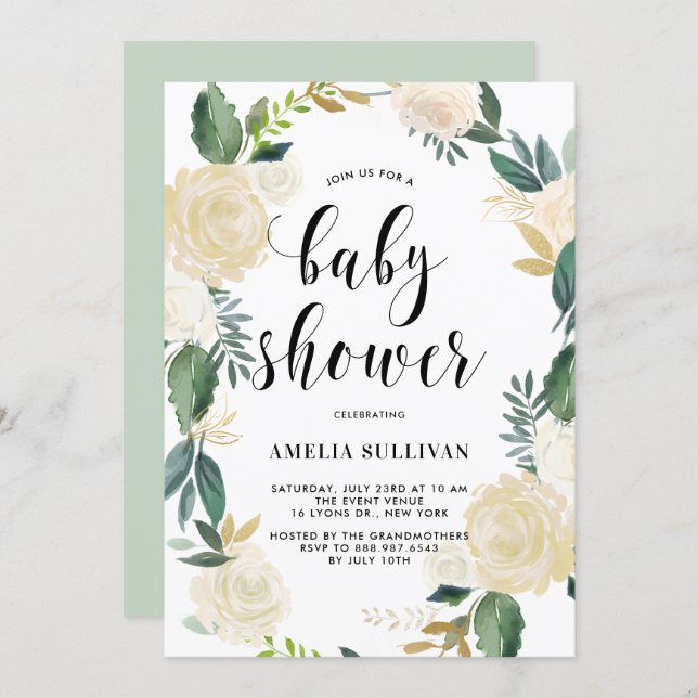 Watercolor Flowers with Gold Glitter Baby Showers Invitation (Front/Back)