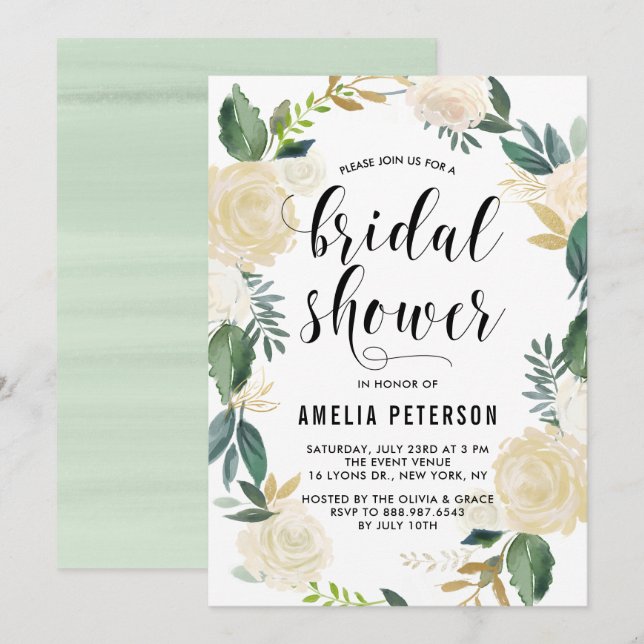 Watercolor Flowers with Gold Glitter Bridal Shower Invitation (Front/Back)