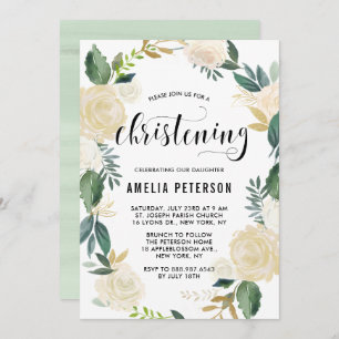 Watercolor Flowers with Gold Glitter Christening Invitation