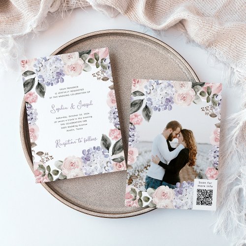Watercolor Flowers with Photo and QR Code Wedding Invitation