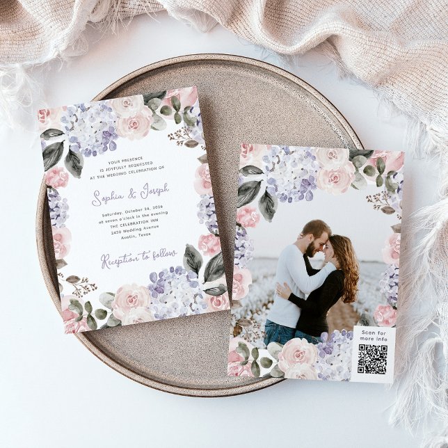 Watercolor Flowers with Photo and QR Code Wedding Invitation (Creator Uploaded)