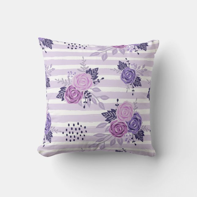 Watercolor flowers with stripes throw pillow (Front)