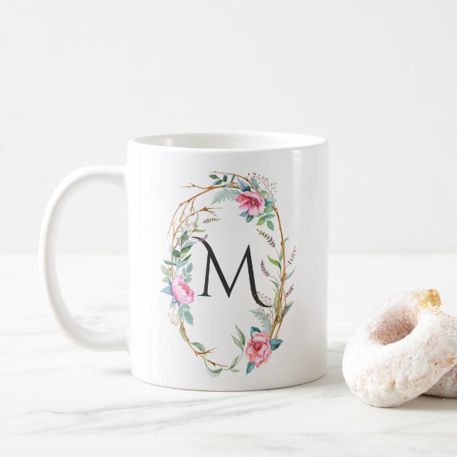 Watercolor Flowers with Twigs Wreath Monogram Mug (With Donut)