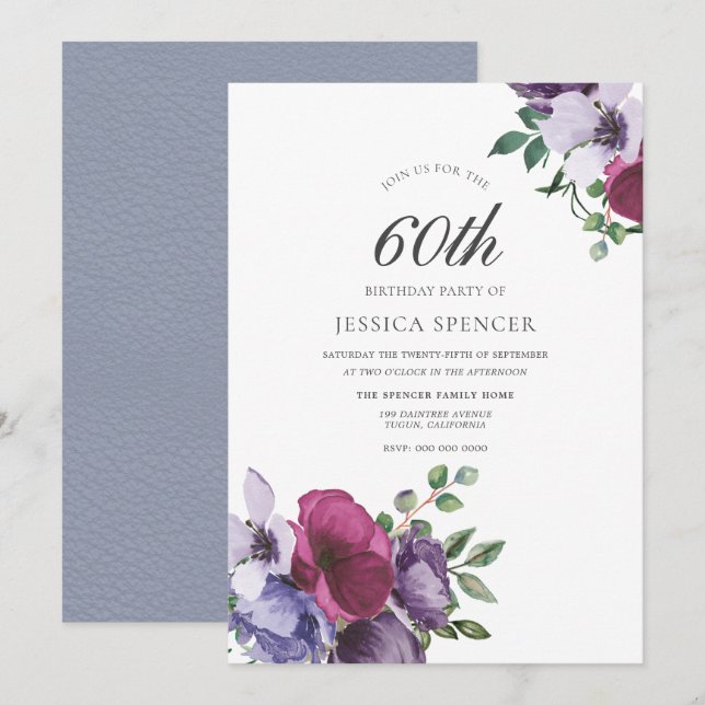 Watercolor Flowers Womans 60th Birthday Invitation (Front/Back)