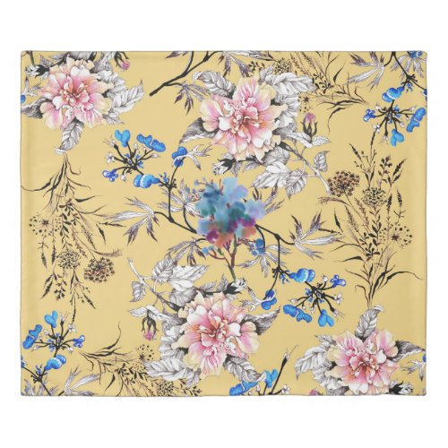 Watercolor flowers yellow background pattern duvet cover