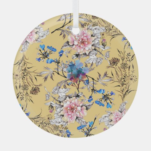 Watercolor flowers yellow background pattern glass ornament
